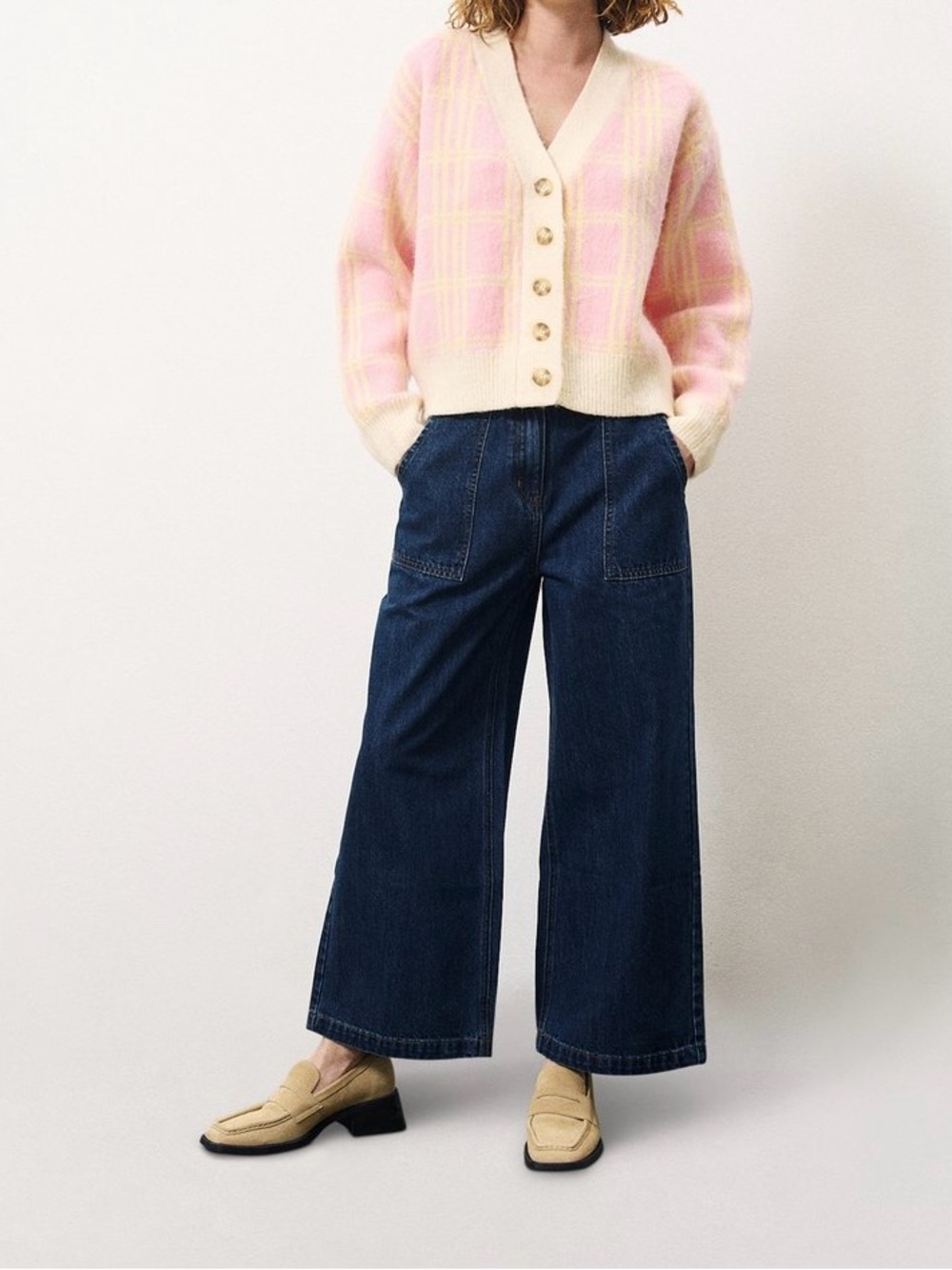 FRNCH Manila Cardigan in a pink and yellow plaid soft knit Button-up size Med